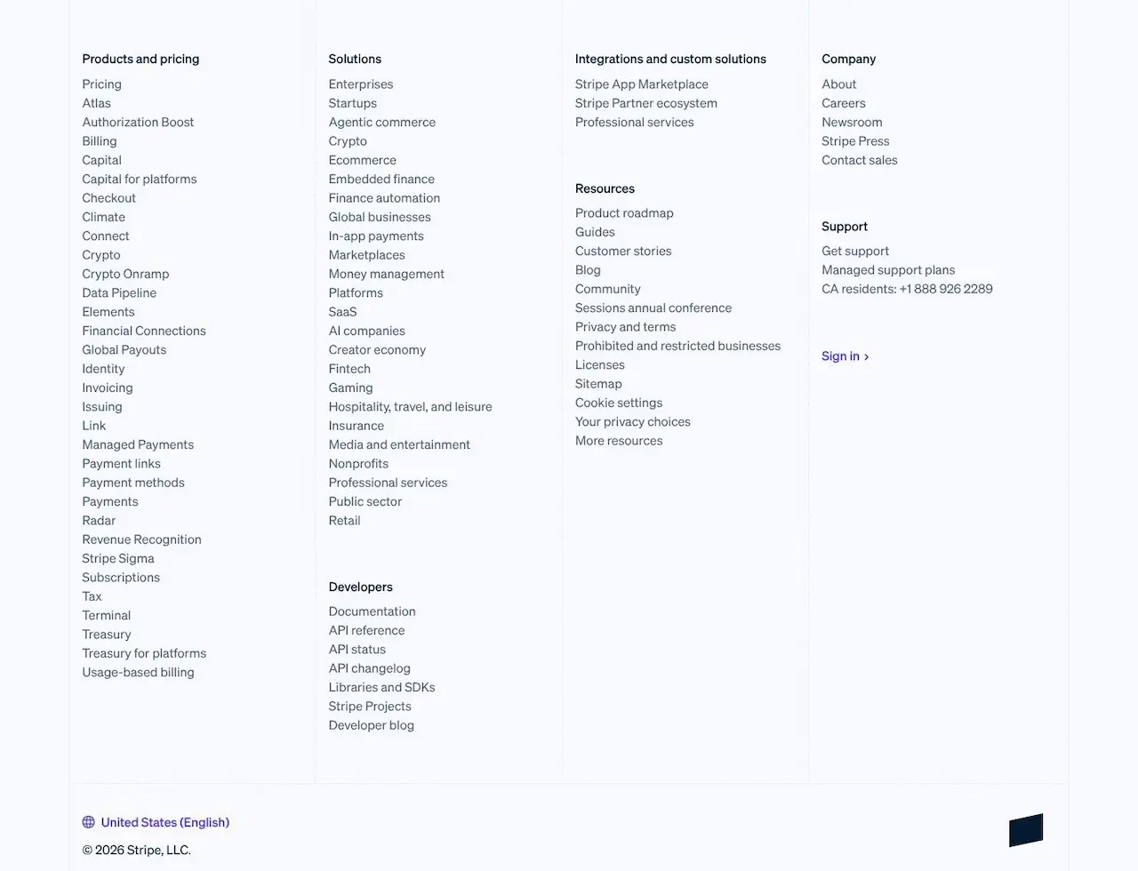 Stripe's footer, picked as a part of the page