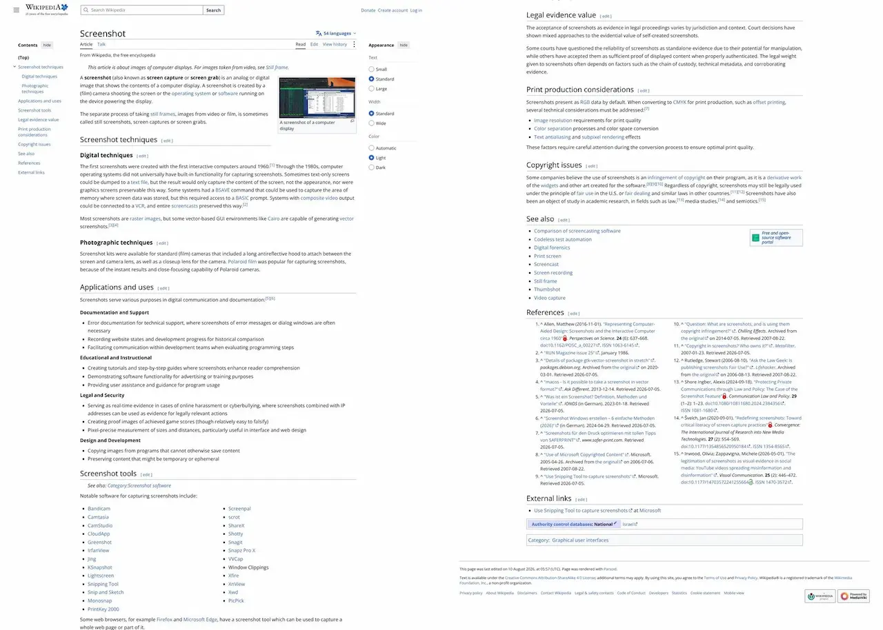 Wikipedia's Screenshot article, the full page, cut into 2 columns so it fits here