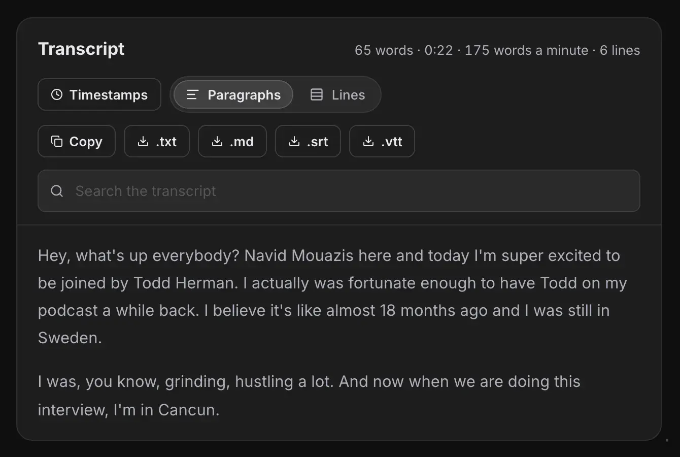 My free speech to text tool turning a podcast intro into text
