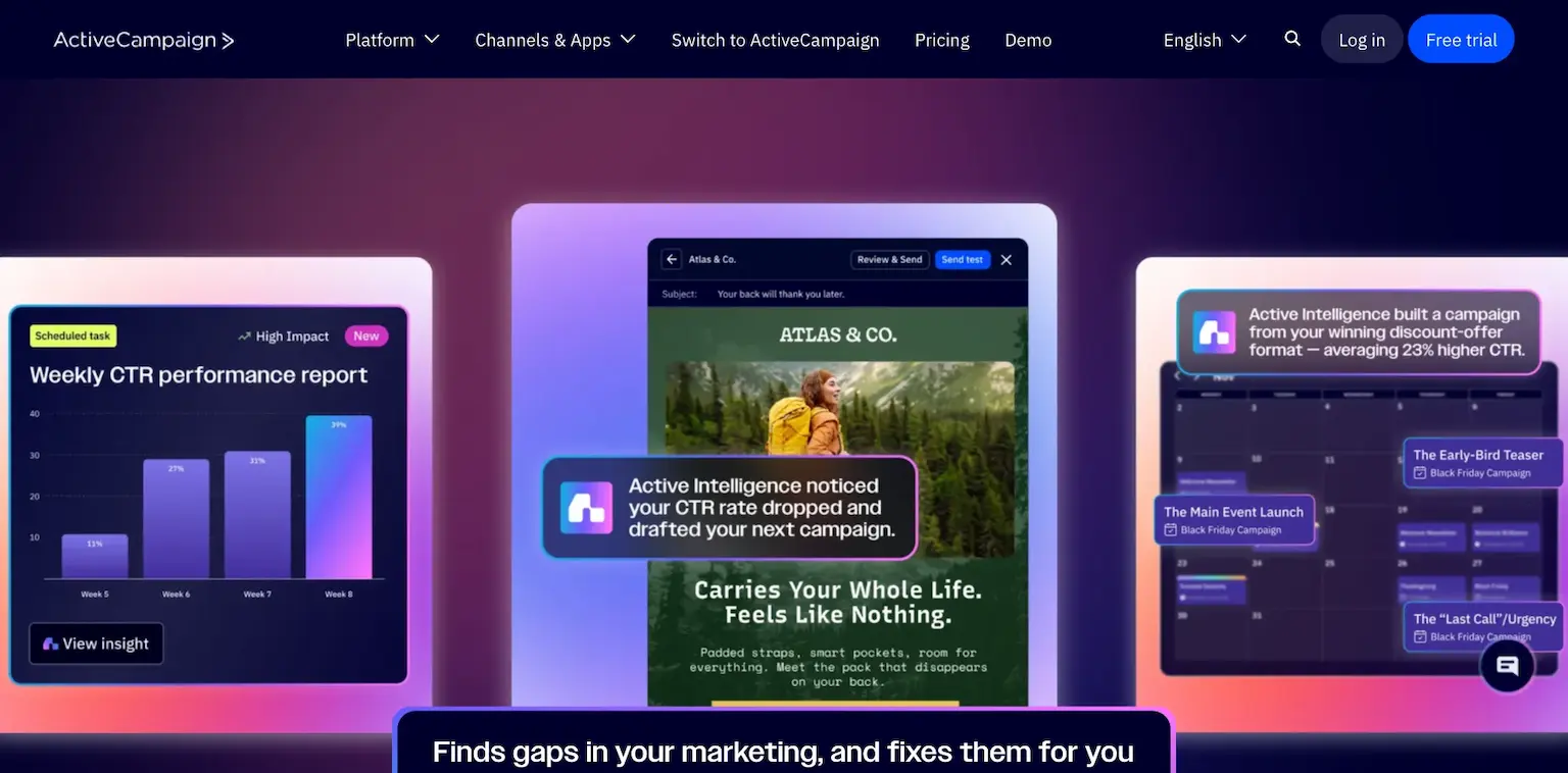 ActiveCampaign's home page: cut 13 hours of marketing busywork each week