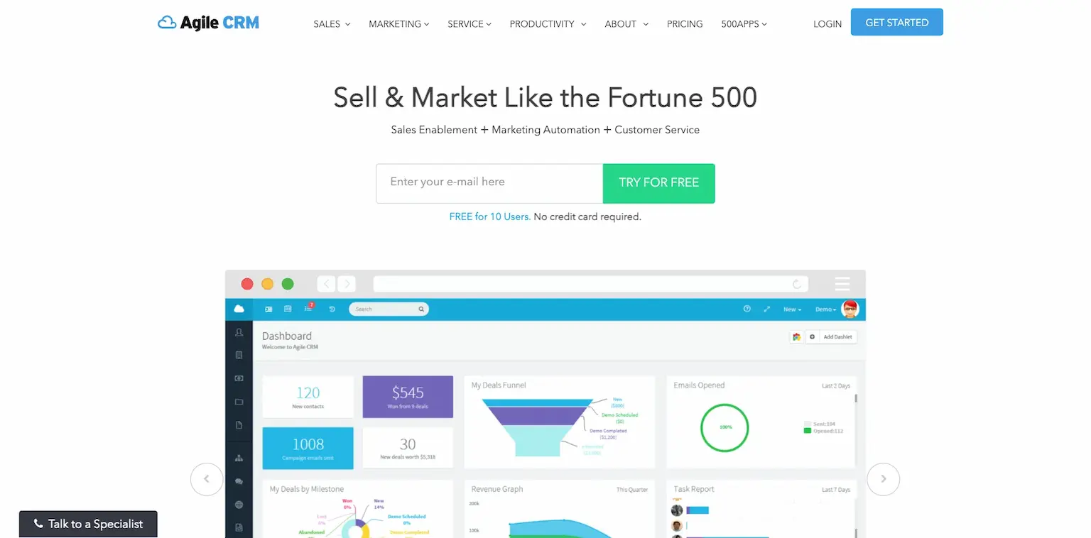 Agile CRM's home page: sell and market like the Fortune 500