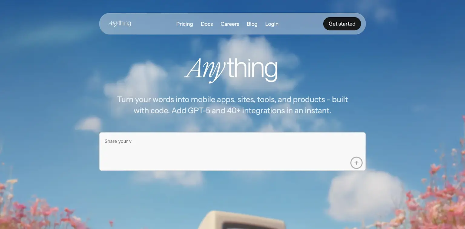 Anything's home page: turn your words into mobile apps, sites, tools and products