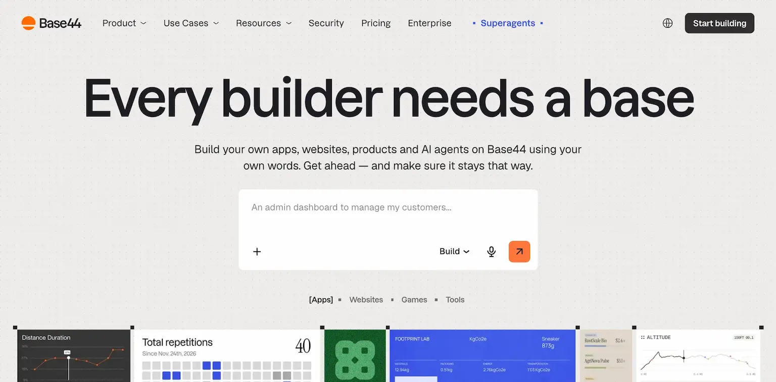 Base44's home page: every builder needs a base