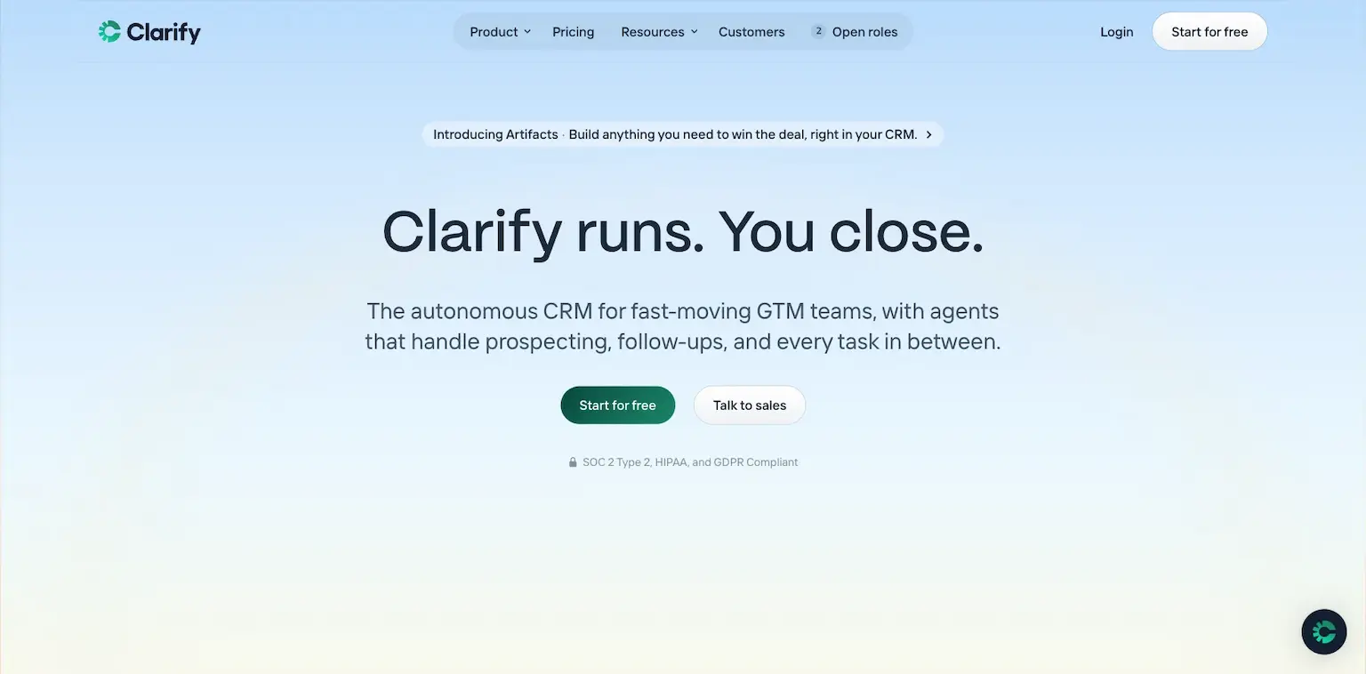 Clarify's home page: Clarify runs, you close