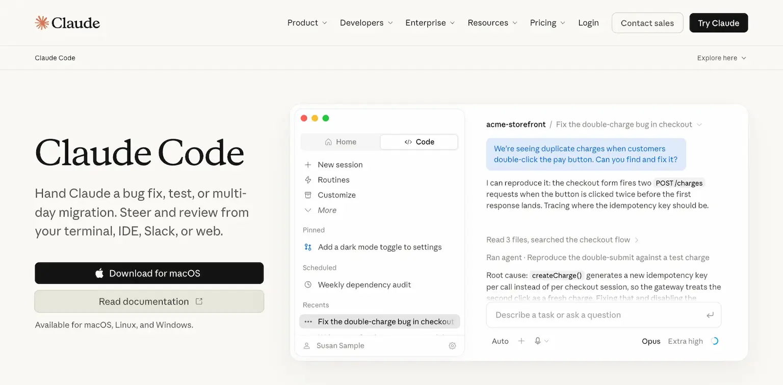 Claude Code's page: hand Claude a bug fix, test, or multi-day migration