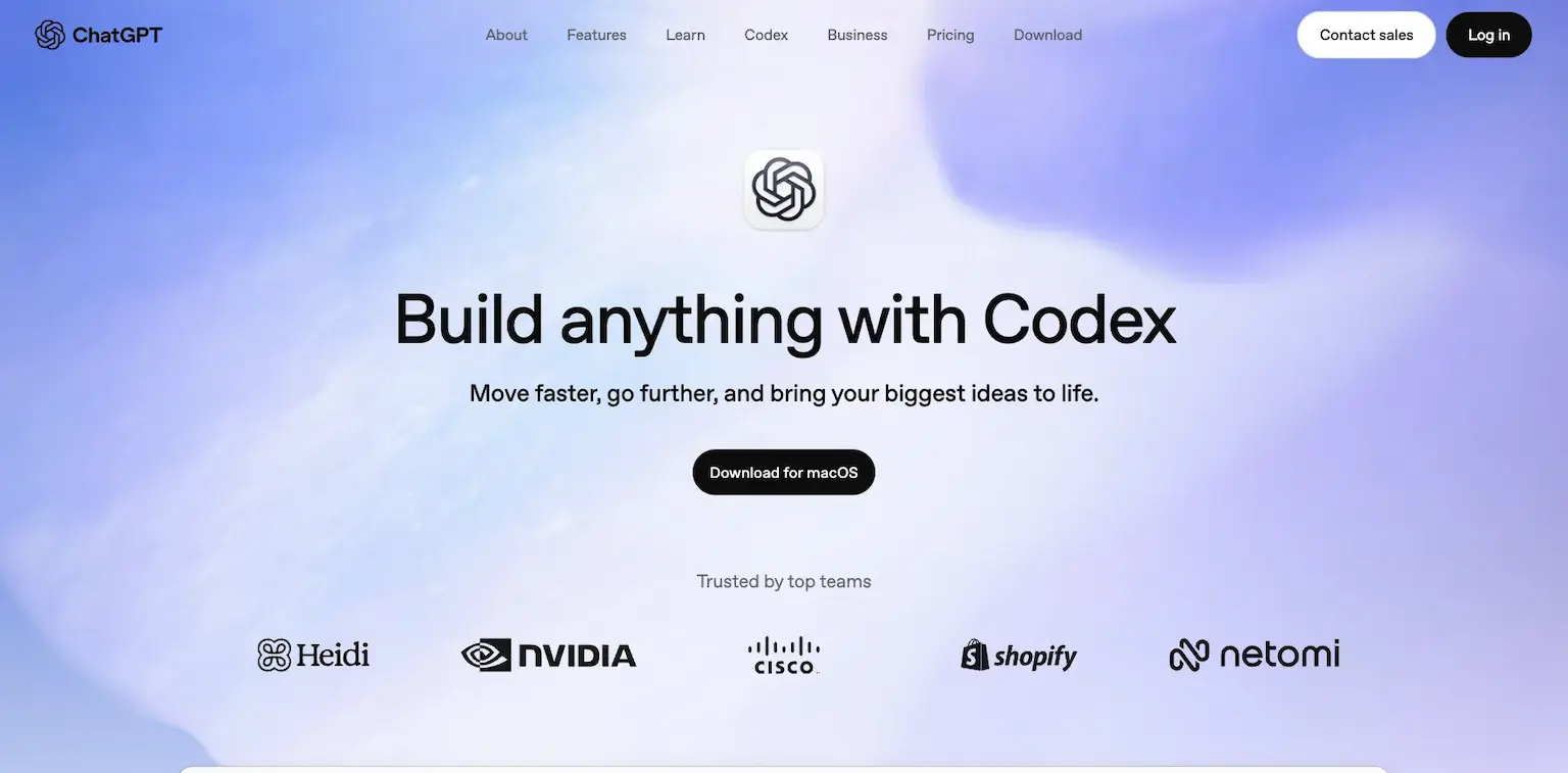 Codex's page: build anything with Codex