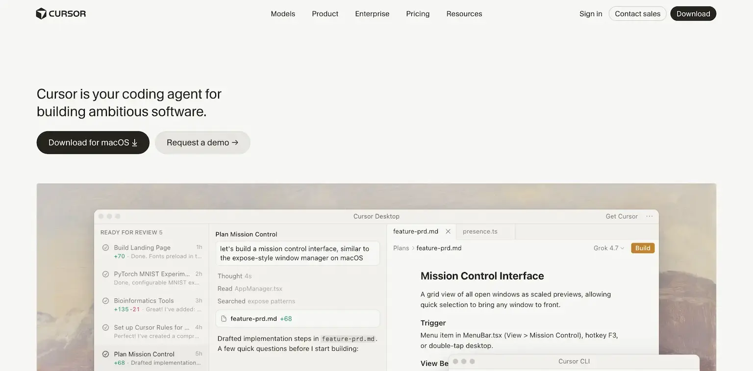 Cursor's home page: Cursor is your coding agent for building ambitious software