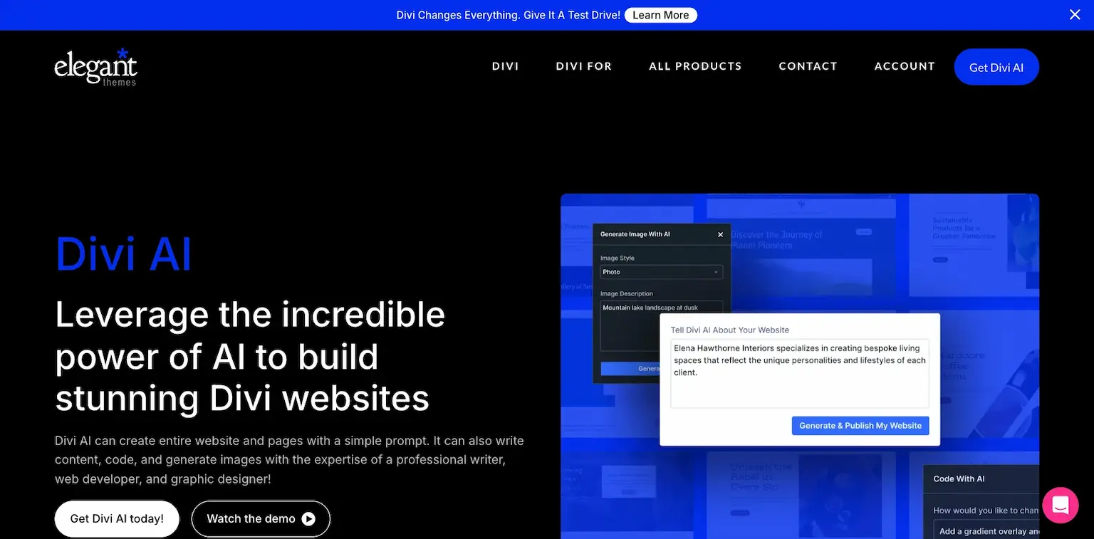 Divi AI's page: leverage the incredible power of AI to build stunning Divi websites