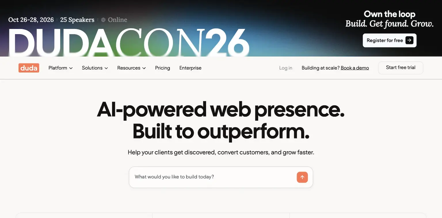 Duda's home page: AI-powered web presence, built to outperform