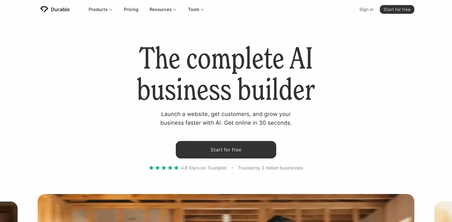 Durable's home page: the complete AI business builder