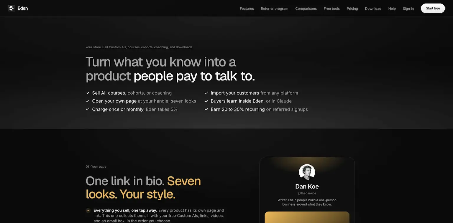Eden's store page: turn what you know into a product people pay to talk to