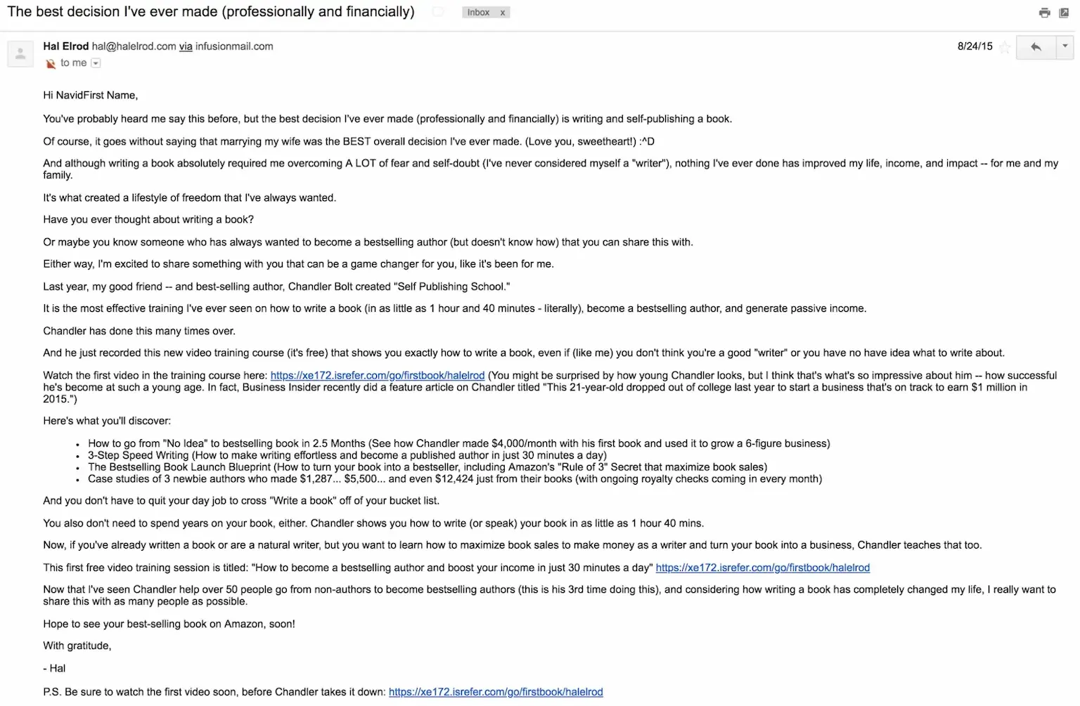 Building relationships with influencers - Hal Elrod email promotion for Self-Publishing Success Summit
