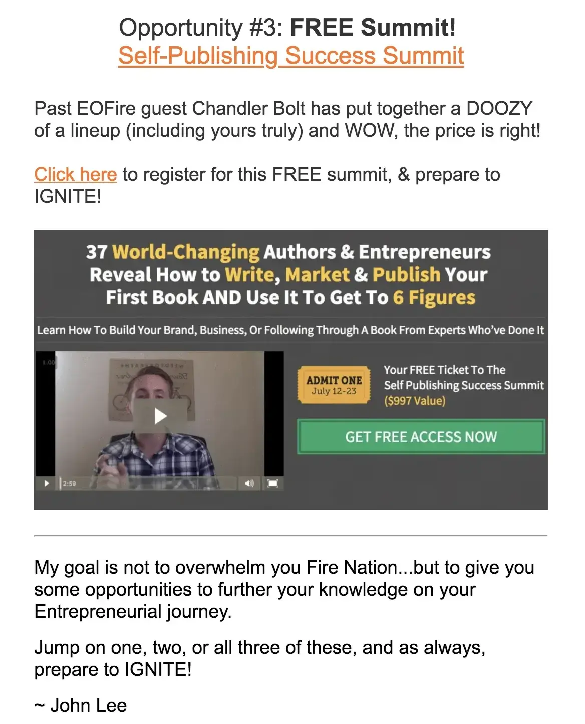 John Lee Dumas's email promoting the Self-Publishing Success Summit