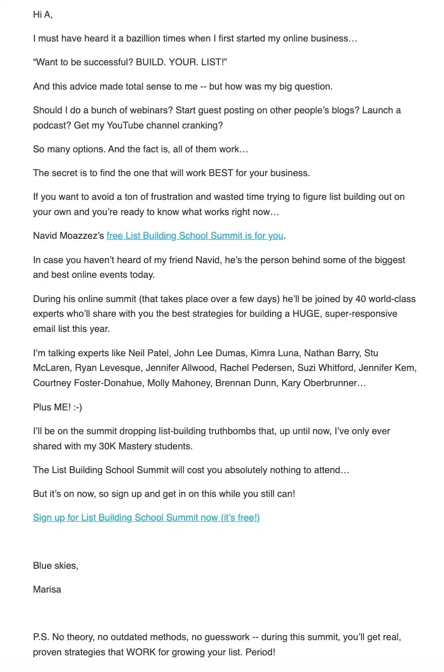 Building relationships with influencers Marisa Murgatroyd List Building School summit email promo