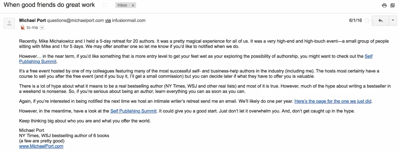How to build relationships with influencers - Michael Port Self-Publishing Success Summit email promo