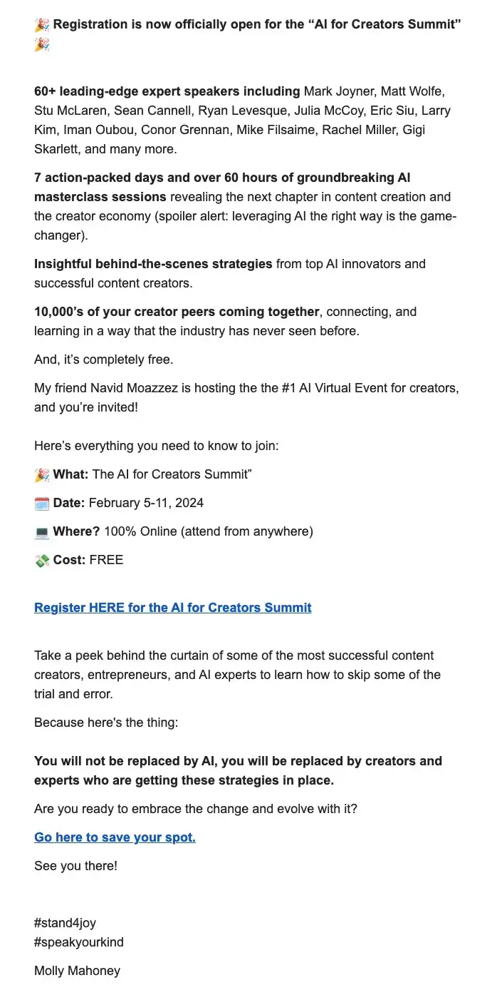 Molly Mahoney's email promoting the AI Creator Summit