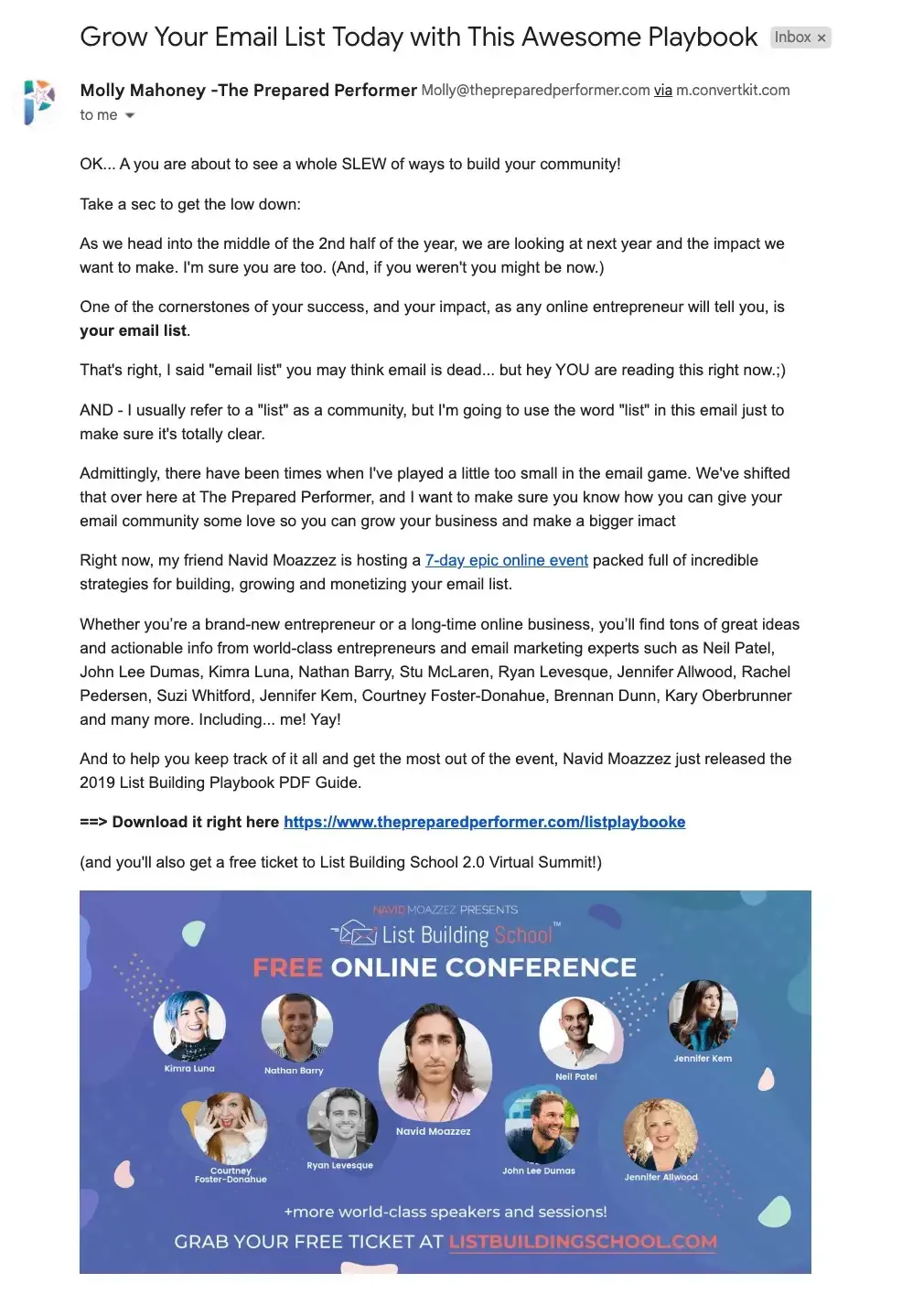 How to build relationships with influencers - Molly Mahoney List Building School playbook summit email promo