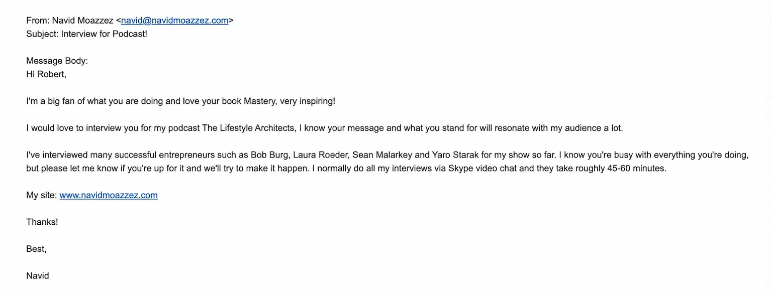 How to build relationships with influencers - influencer outreach email to Robert Greene for podcast interview