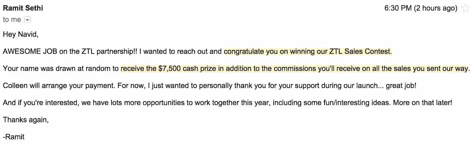Monetize virtual events with affiliate marketing: Ramit Sethi’s sales contest prize email to Navid Moazzez