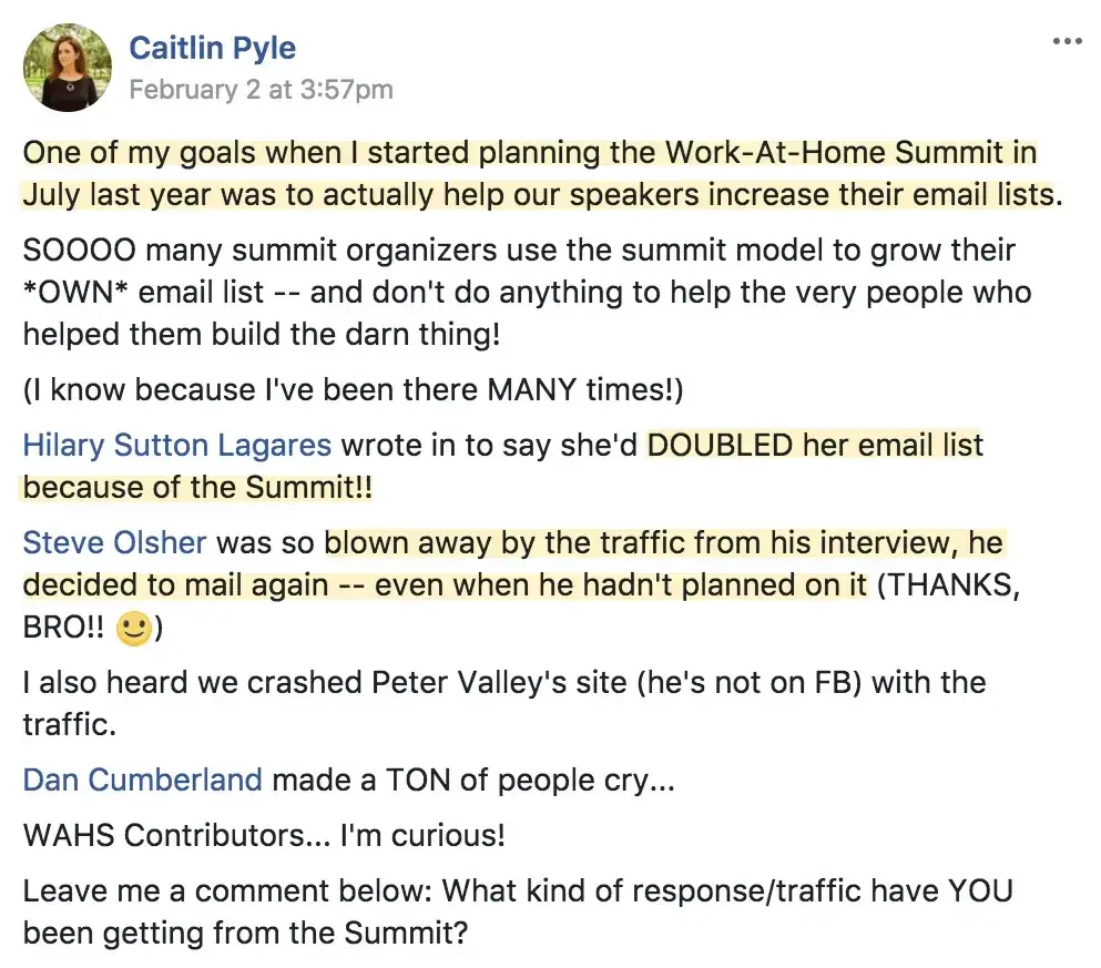 Promoting virtual events: Caitlin Pyle's Work-At-Home Summit grew her speakers' email lists