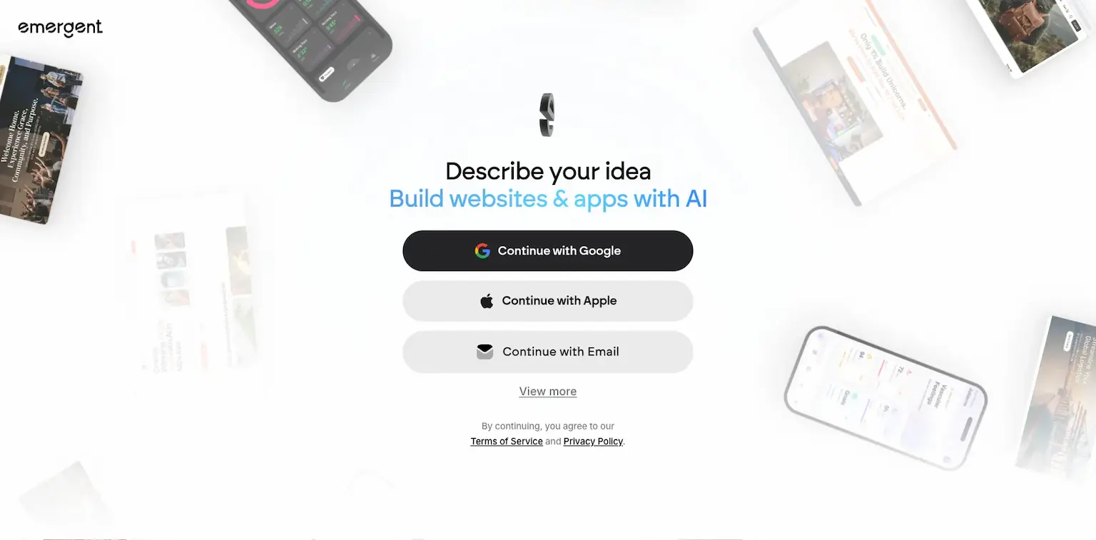 Emergent's home page: describe your idea, build websites and apps with AI