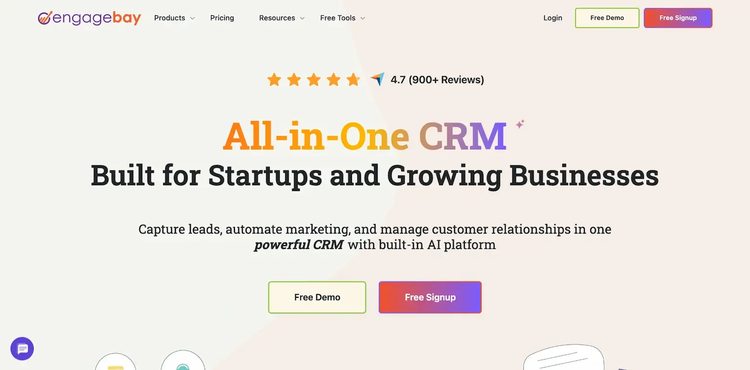 EngageBay's home page: all-in-one CRM built for startups and growing businesses