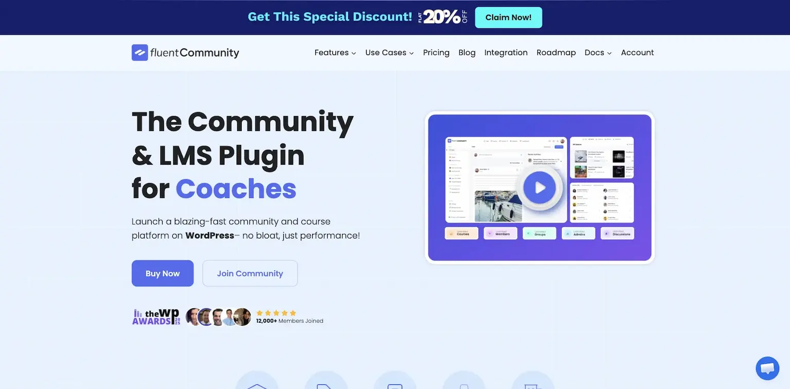 FluentCommunity's home page: the community and LMS plugin for coaches