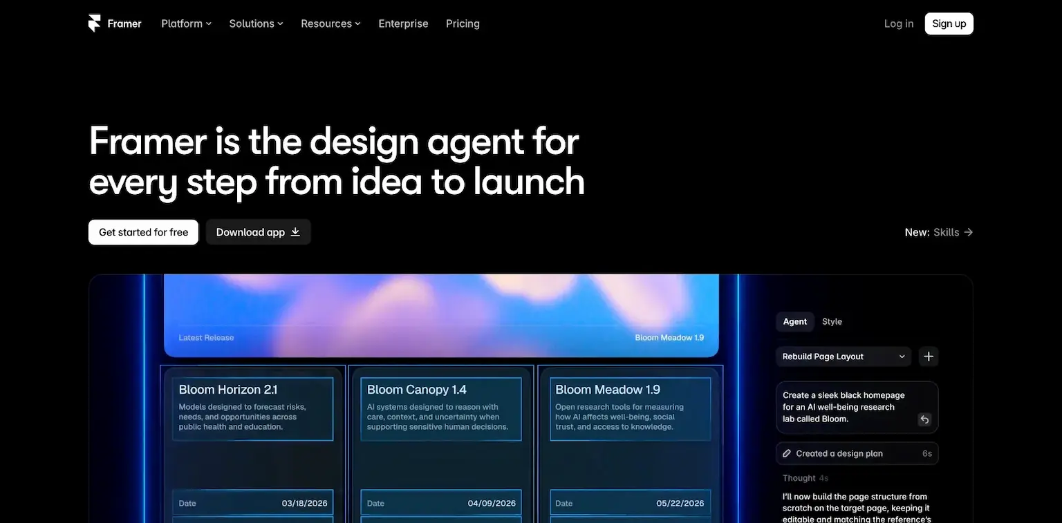 Framer's home page: the design agent for every step from idea to launch
