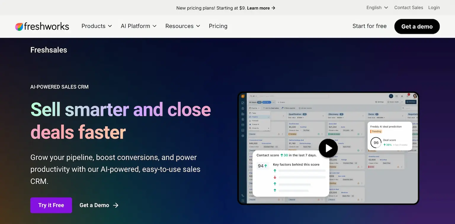 Freshsales's page: sell smarter and close deals faster