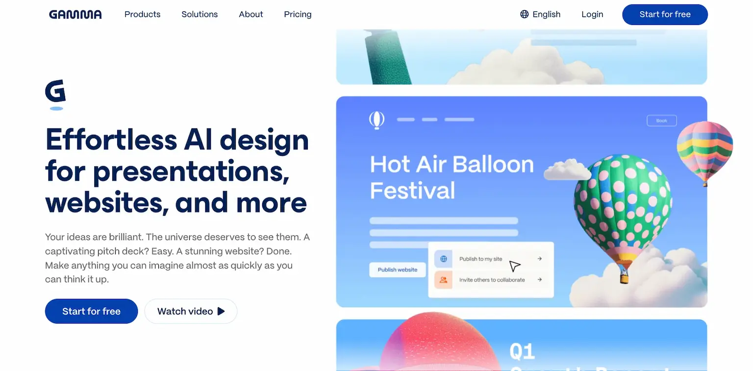 Gamma's home page: effortless AI design for presentations, websites, and more