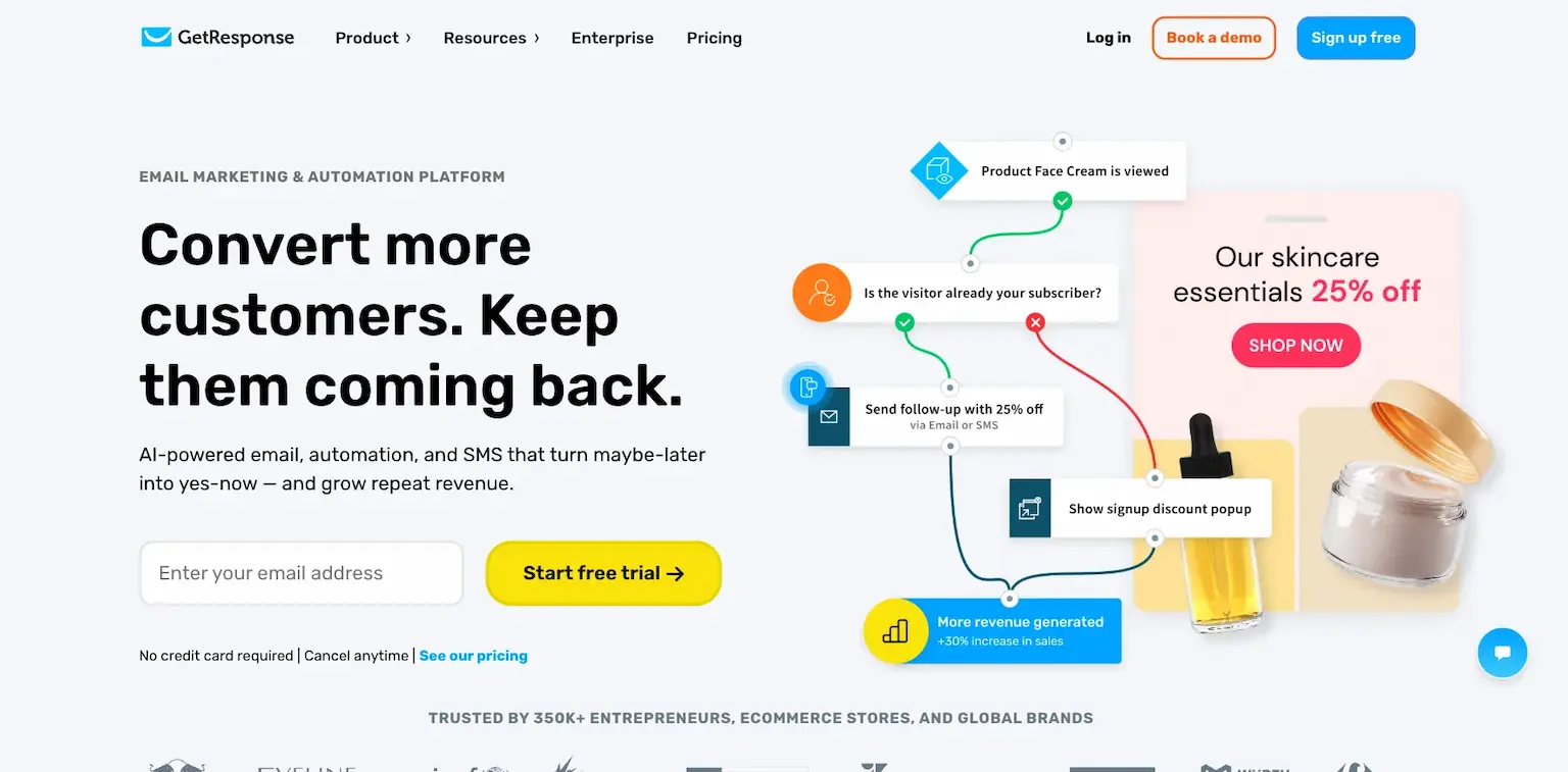 GetResponse's home page: convert more customers, keep them coming back