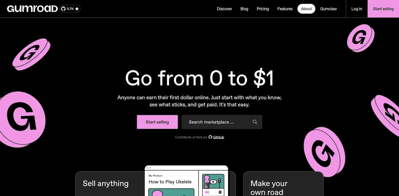 Gumroad's home page: go from 0 to $1