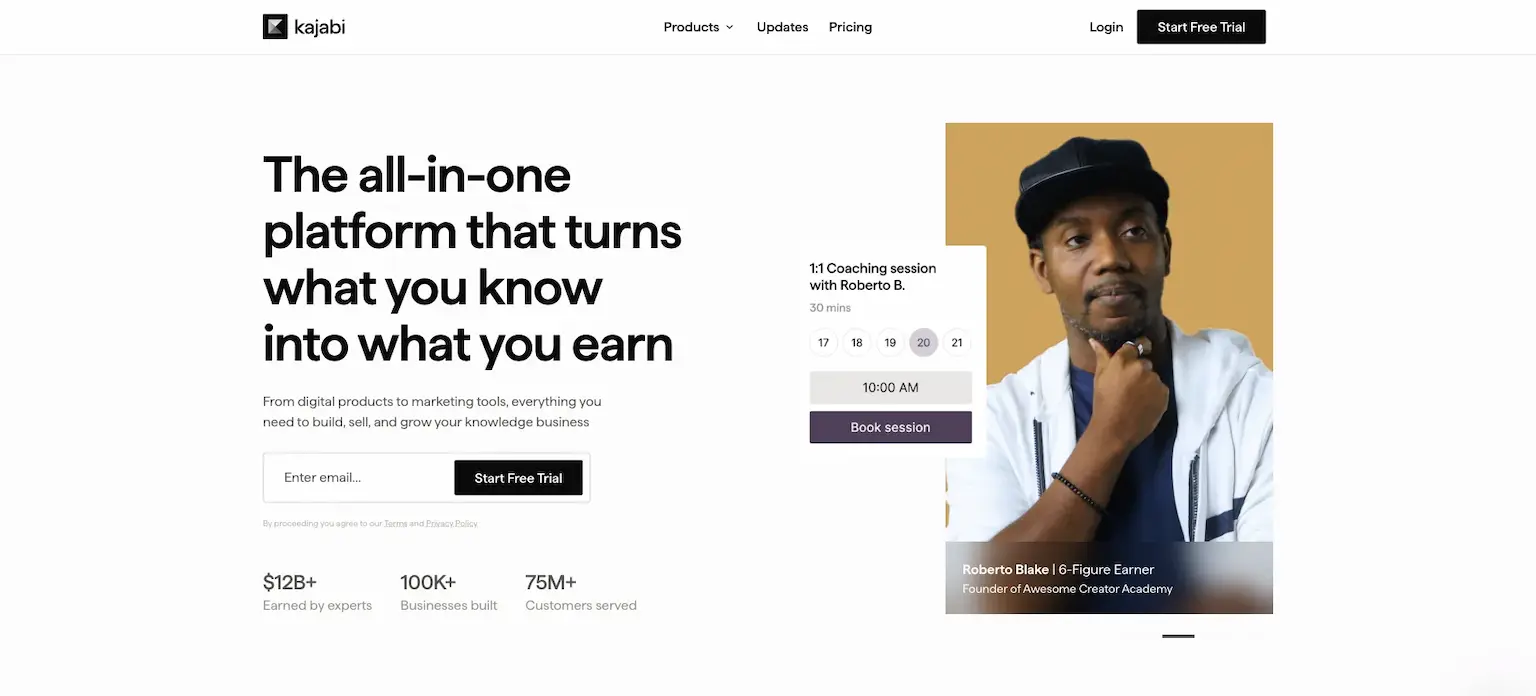Kajabi's home page: the all-in-one platform that turns what you know into what you earn