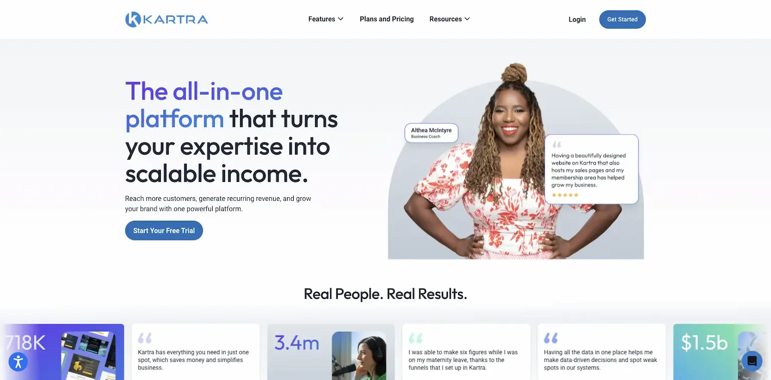 Kartra's home page: the all-in-one platform that turns your expertise into scalable income