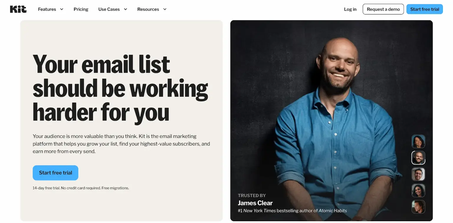 Kit's home page: your email list should be working harder for you