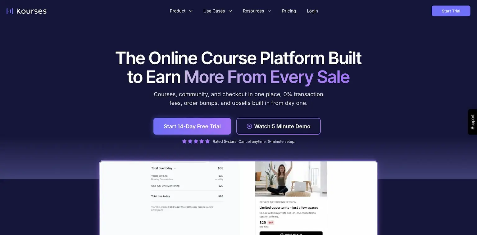 Kourses' home page: the online course platform built to earn more from every sale