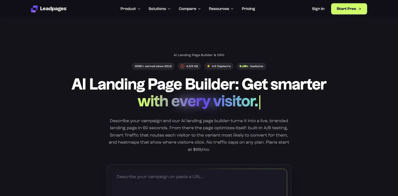 Leadpages' home page: an AI landing page builder that gets smarter with every visitor