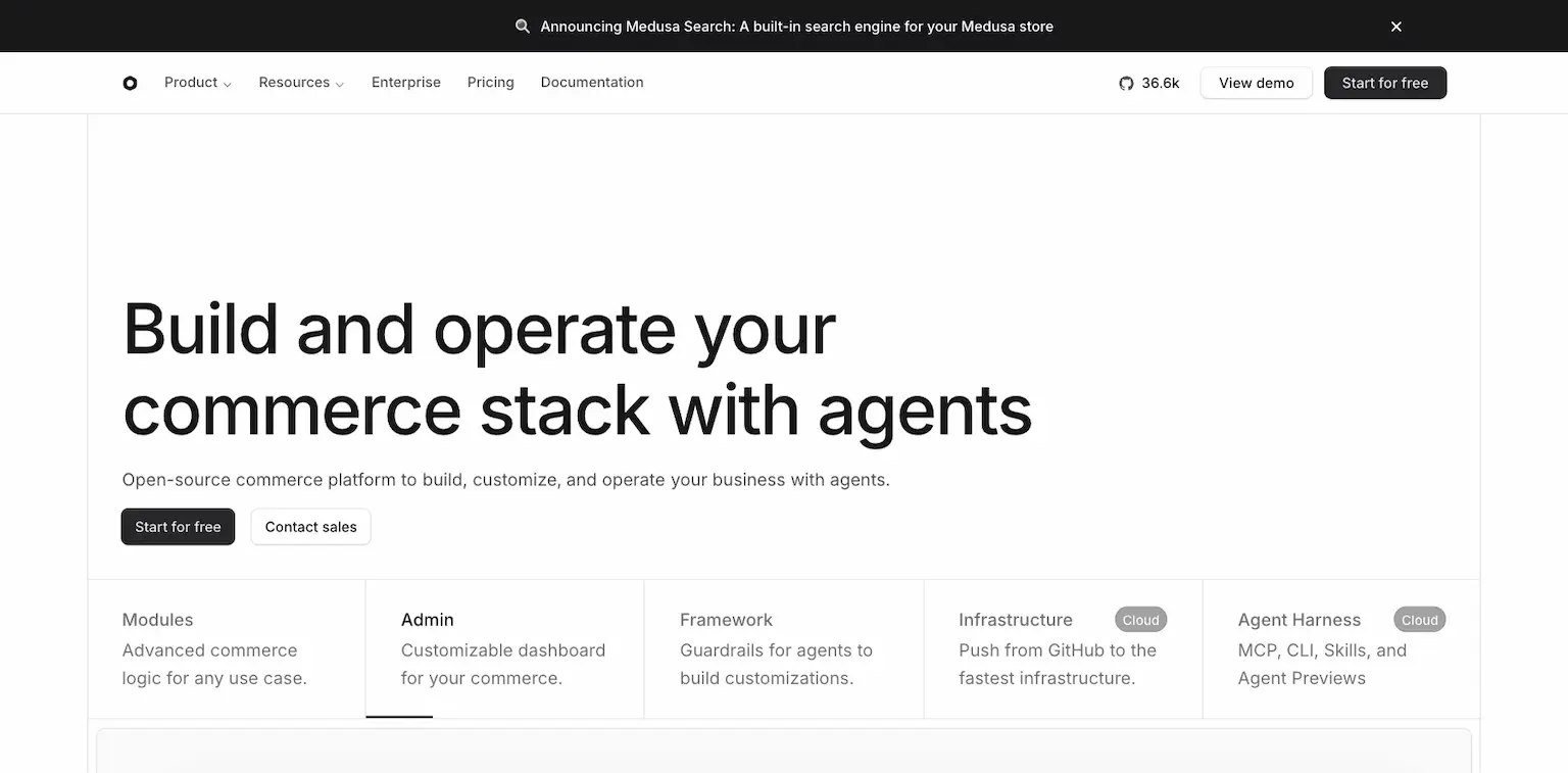 Medusa's home page: build and operate your commerce stack with agents