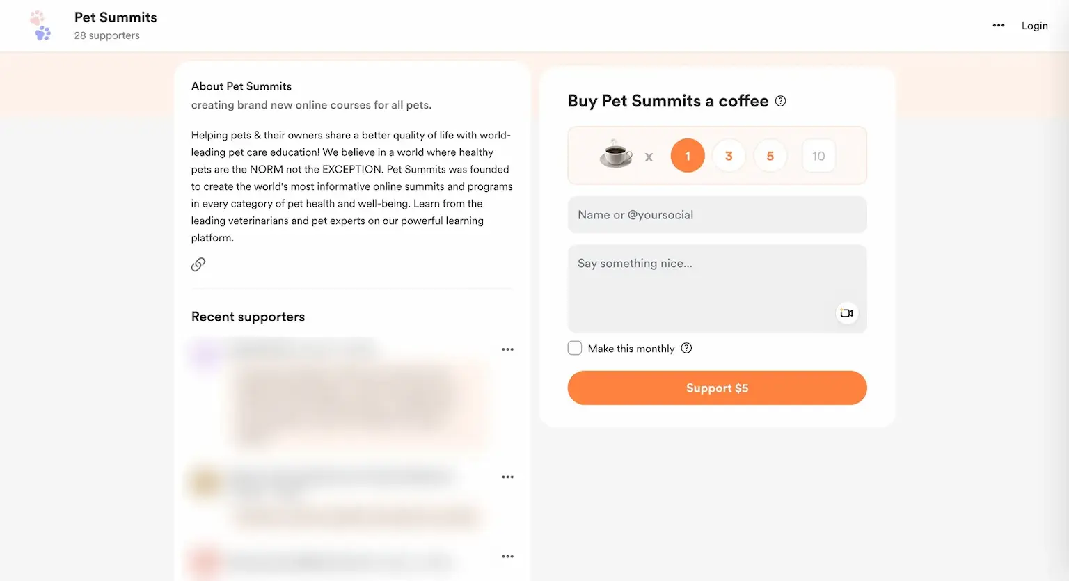 Making money from virtual events with tips: the Pet Summits tip page