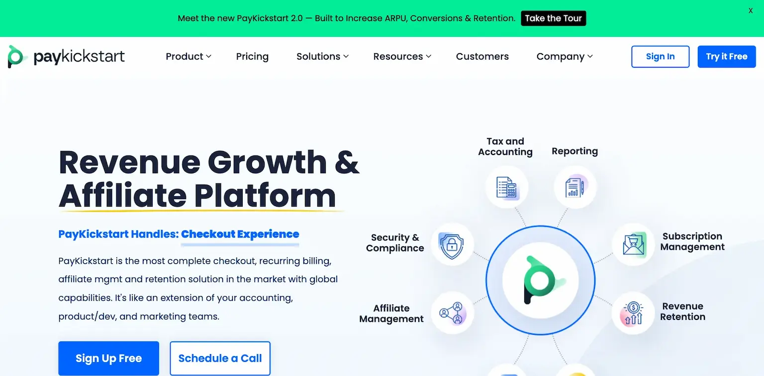 PayKickstart's home page: the revenue growth and affiliate platform