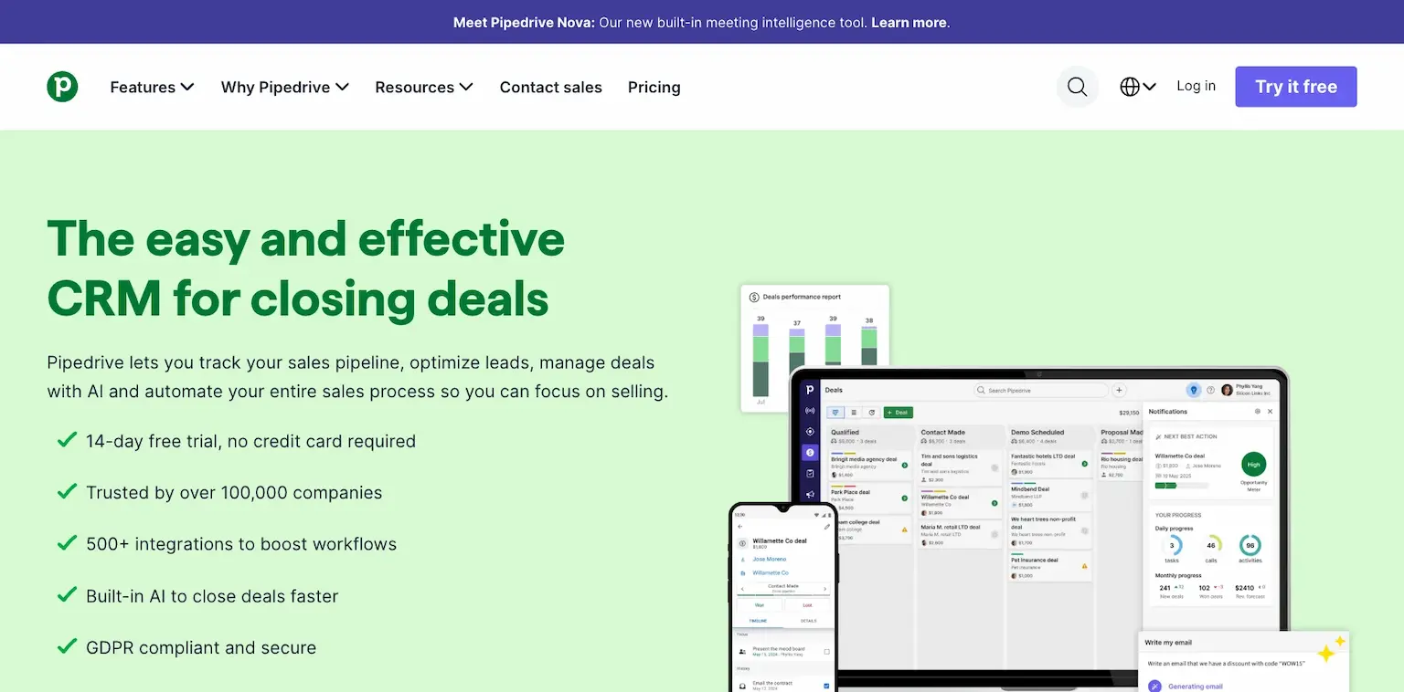 Pipedrive's home page: the easy and effective CRM for closing deals
