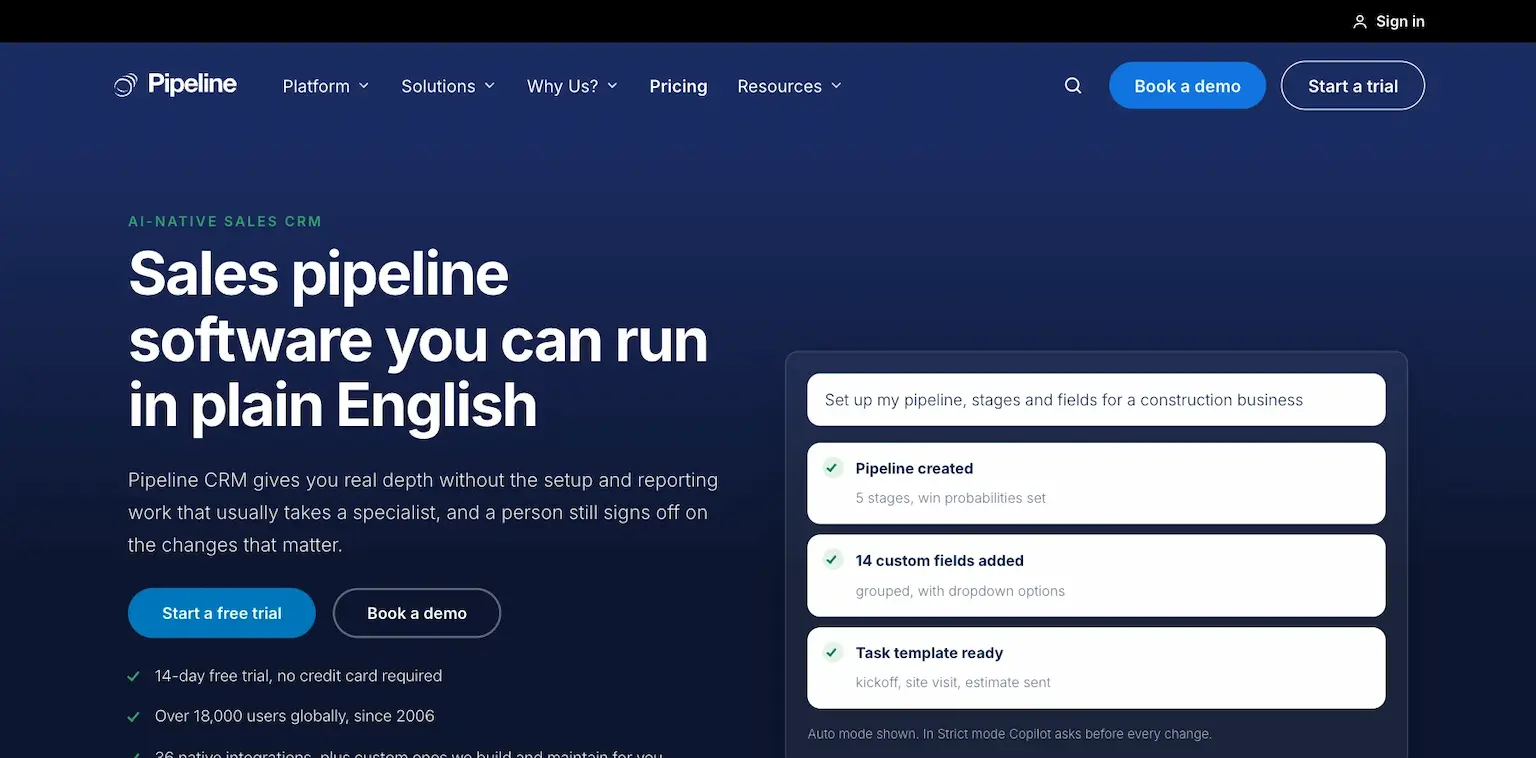 Pipeline CRM's home page: sales pipeline software you can run in plain English