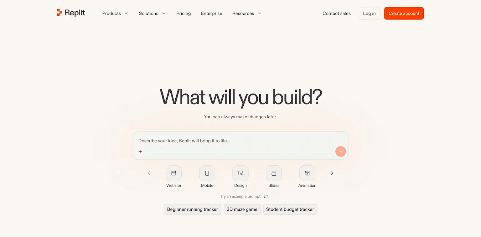 Replit's home page: what will you build?