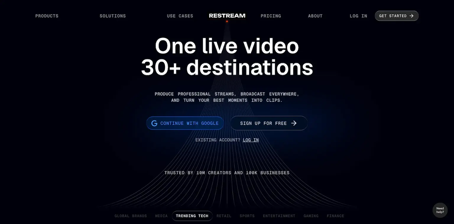 Restream's home page: one live video, 30+ destinations