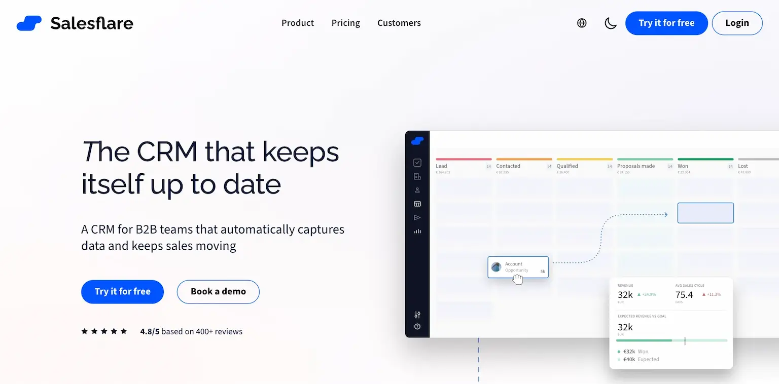Salesflare's home page: the CRM that keeps itself up to date