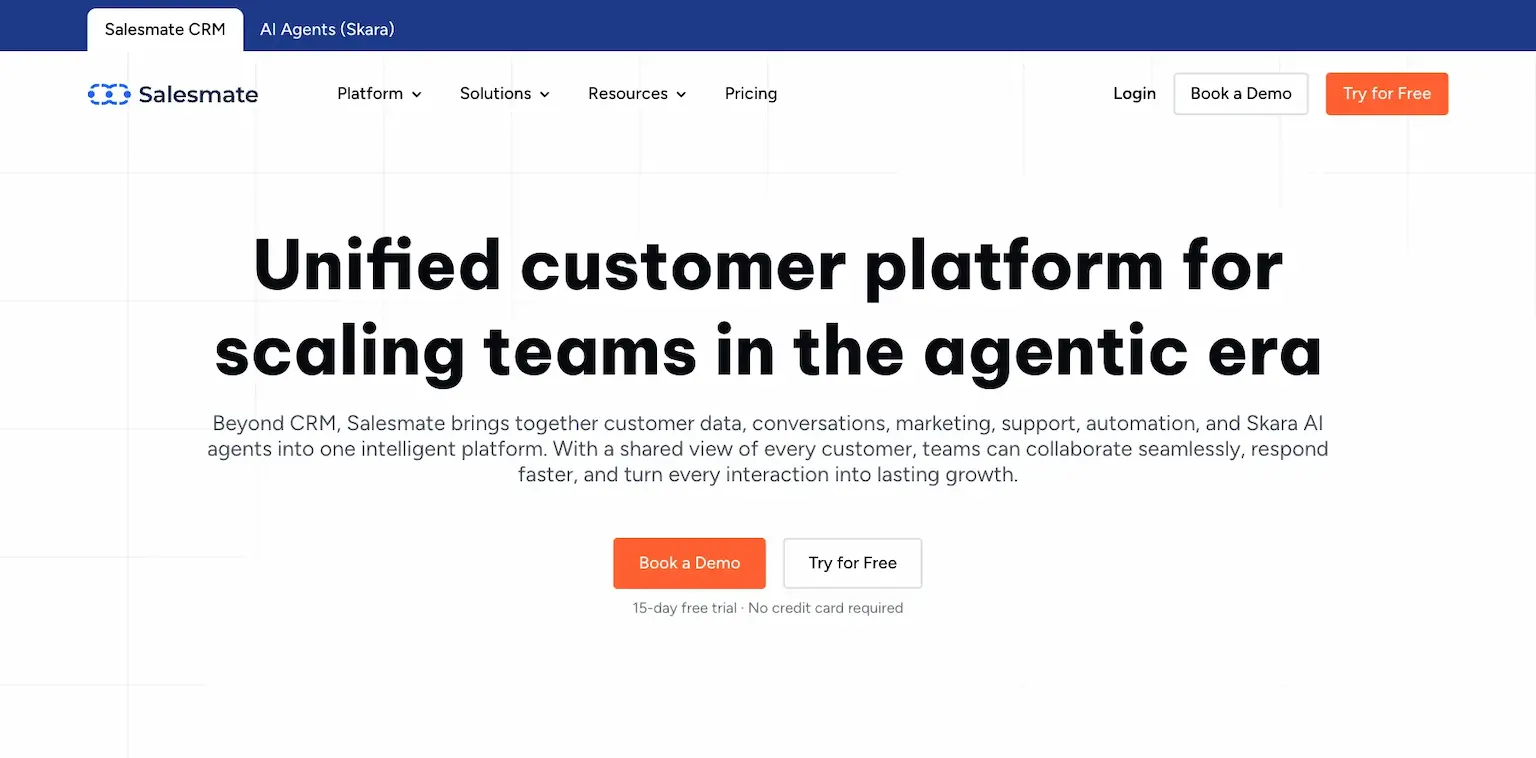 Salesmate's home page: unified customer platform for scaling teams