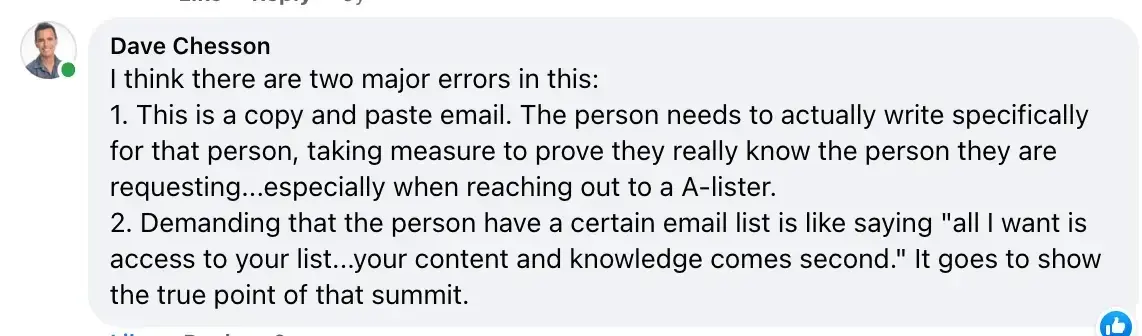 Influencer marketing mistakes: Dave Chesson's comment on a copy-paste summit invite