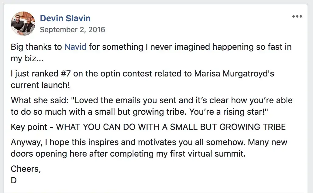 How to monetize virtual events with affiliate marketing: Devin Slavin’s affiliate contest thank-you post