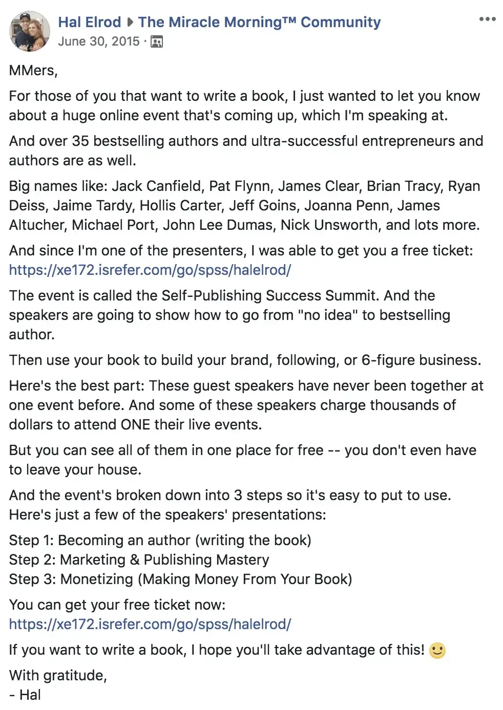How to build relationships with influencers - Hal Elrod Facebook group promo for Self-Publishing Success Summit