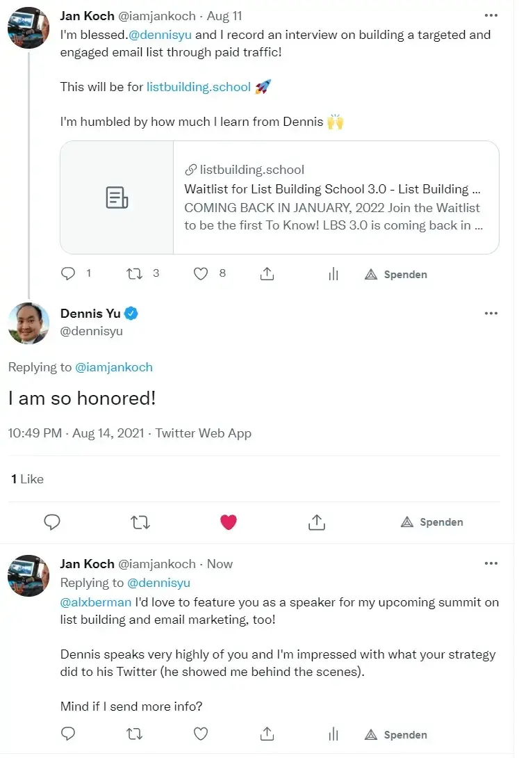 How to build relationships with influencers - Jan Koch influencer outreach to Dennis Yu